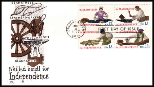 view larger image for First Day Covers First Day Covers: SG Number 1696a / Scott Number  (1977) - Skilled Hands block of four on an unaddressed Colonial Cachets
first day cover cancelled with a FDI cancel for CINCINNATI - OH
1977 dated JUL 4