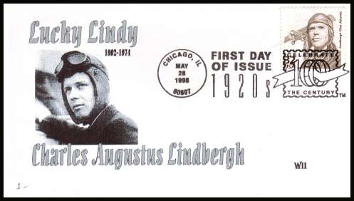 view larger image for  : SG Number 3433 / Scott Number 3184m (1998) - Charles Lindbergh single from the 1920's ''Celebrate the Century'' sheet of 15 different designs on an unaddressed first day cover cancelled with a CHICAGO FDI
special cancel dated MAY 28 1998