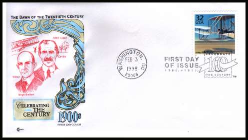 view larger image for  : SG Number 3383 / Scott Number 3182g (1998) - Wright Brothers - 1st Flight single from the 1900's ''Celebrate the Century'' sheet of 15 different designs on an unaddressed first day cover cancelled with a WASHINGTON - DC 
special cancel dated FEB 3 1998