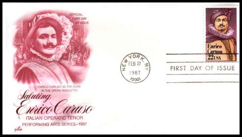 view larger image for  : SG Number 2244 / Scott Number 2250 (1987) - Enrico Caruso 22c single on an unaddressed ''Artcraft'' first day cover cancelled with a FDI cancel for NEW YORK - NY
dated FEB 27 1987