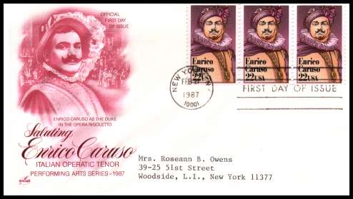 view larger image for First Day Covers First Day Covers: SG Number 2244 / Scott Number  (1987) - Enrico Caruso 22c strip of three on a typed address ''Artcraft'' first day cover cancelled with a FDI cancel for NEW YORK - NY dated FEB 27 1987