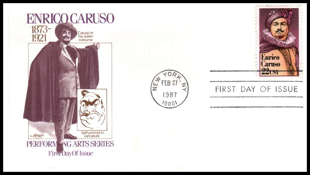 view larger image for First Day Covers First Day Covers: SG Number 2244 / Scott Number  (1987) - Enrico Caruso 22c single on an unaddressed Artmaster first day cover cancelled with a FDI cancel for NEW YORK - NY dated FEB 27 1987