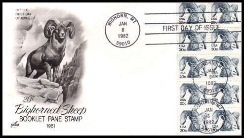 view larger image for First Day Covers First Day Covers: SG Number 1926a / Scott Number  (1982) - Bighorn Sheep booklet pane of ten 
on an unaddressed ''Artcraft'' first day cover cancelled with a FDI cancel for BIGHORN - MT 
datedJAN 8 1982