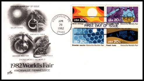 view larger image for First Day Covers First Day Covers: SG Number 1986a / Scott Number  (1982) - World's Fair block of four on an unaddressed ''Artcraft'' first day cover cancelled with a FDI cancel for KNOXVILLE - TN 
dated APR 29 1982