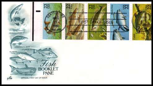 view larger image for First Day Covers First Day Covers: SG Number 2220a / Scott Number  (1986) - Fishes booklet pane of five
on an unaddressed ''Artcraft'' first day cover cancelled with a FDI cancel for SEATTLE - WA 
dated MAR 21 1986