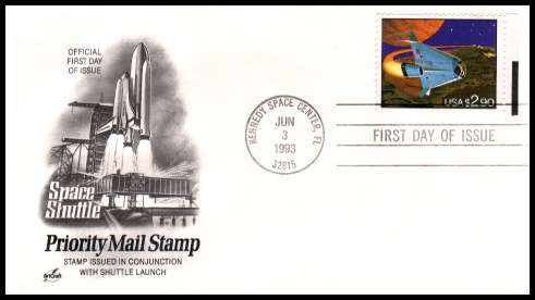 view larger image for  : SG Number 2813 / Scott Number 2543 (1993) - $2.90 Space Shuttle Priority Mail Stamp single on an unaddressed ''Artcraft'' first day cover cancelled with a FDI cancel for KENNEDY SPACE CENTER - FL
dated JUN 3 1993
