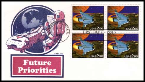 view larger image for  : SG Number 2813 / Scott Number 2543 (1993) - $2.90 Space Shuttle Priority Mail Stamp Block of Four on an addressed GAMM first day cover cancelled with a FDI cancel for KENNEDY SPACE CENTER - FL dated JUN 3 1993