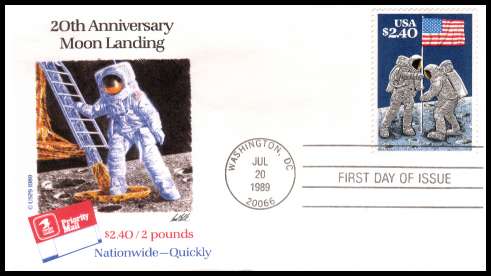 view larger image for  : SG Number 2403 / Scott Number 2419 (1989) - $2.40 Priority Mail 20th Anniversary of Moon Landing single on an unaddressed United States Postal Service first day cover cancelled with a FDI cancel for
WASHINGTON - DC dated JUL 20 1989