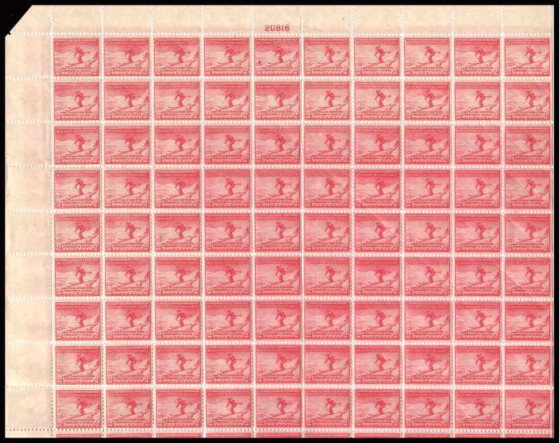 view larger image for  : SG Number 716sh / Scott Number 716sh (1932) - Winter Olympics - Lake Placid<br/>
A superb unmounted mint sheet of 100 <br/><br>
Please note that due to scanner limitations the bottom row has not been scanned.The sheet has a straight edge at right and at foot.  It may be assumed the sheet is complet