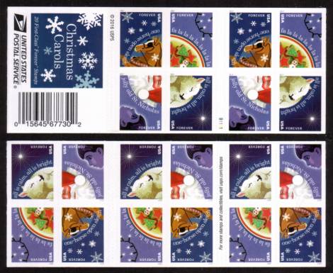 view larger image for  : SG Number  / Scott Number 5247v-5250v (2017) - Christmas Carols<br/>
Double sided booklet of 20<br/>
Self Adhesive<br/><br/>
Note: Both sides pictured with one booklet supplied.