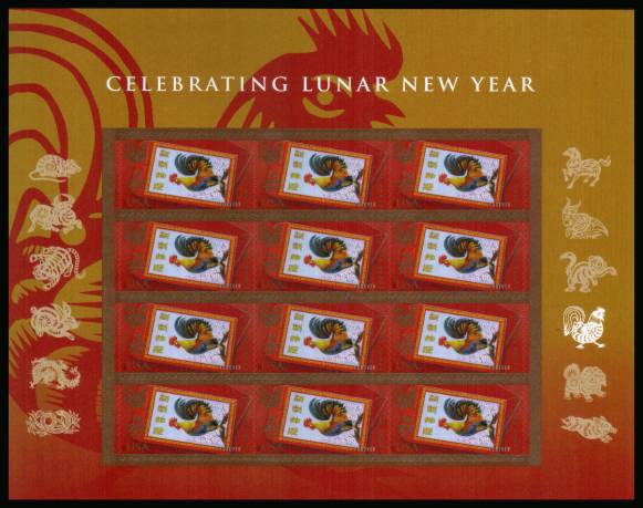 view larger image for  : SG Number  / Scott Number 5154v (2017) - Chinese New Year - Year of the Rooster<br/>
sheet of 12<br/><br/>

Self Adhesive